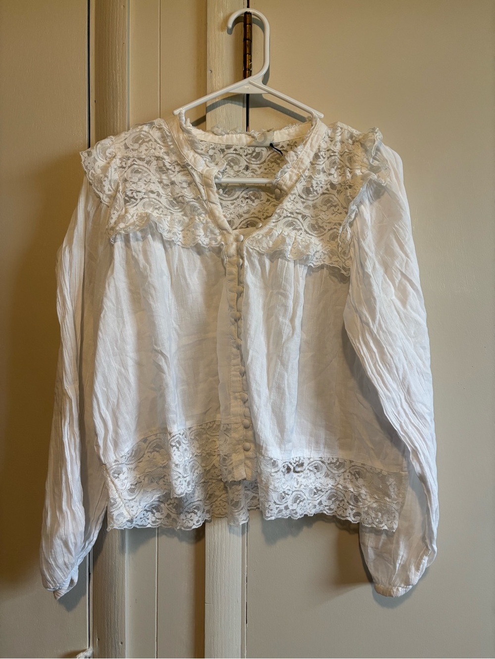 Anthropologie White Lace Button-Front Blouse